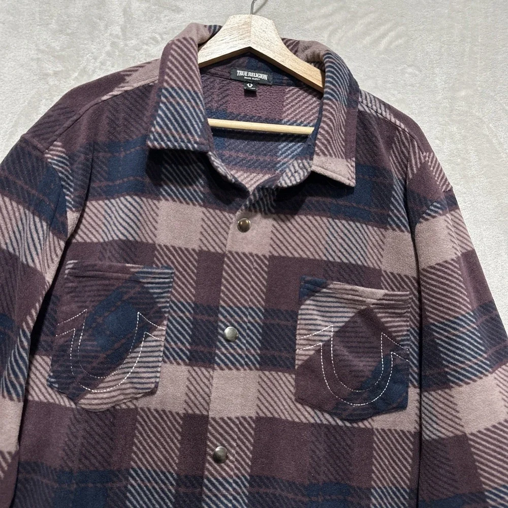 TRUE‎ RELIGION Plaid Polar Fleece Shacket Jacket Snap Button Men's Size 3XL